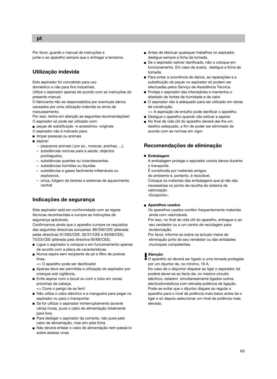 Utilização indevida, Indicações de segurança, Recomendações de eliminação | Bosch Bodenstaubsauger BX32131 magic black transluzent schwarz anthrazit BX3 hepa 2100 W User Manual | Page 69 / 143