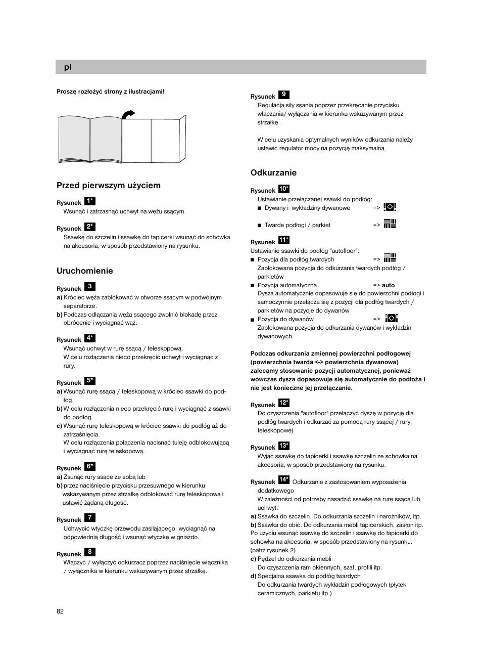 De pl, Przed pierwszym użyciem, Uruchomienie | Odkurzanie | Bosch Bodenstaubsauger BX32131 magic black transluzent schwarz anthrazit BX3 hepa 2100 W User Manual | Page 88 / 143