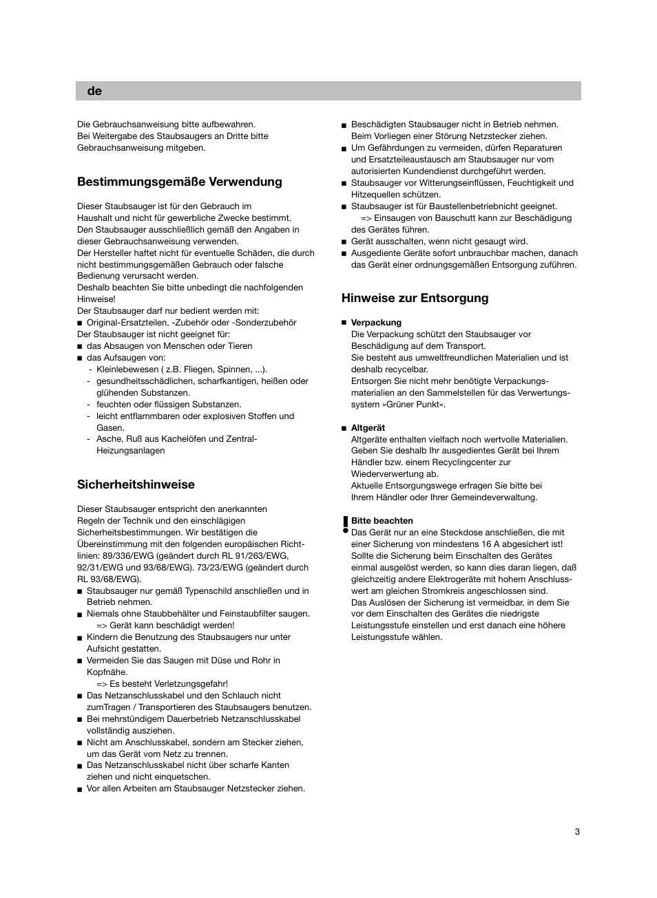 Bestimmungsgemäße verwendung, Sicherheitshinweise, Hinweise zur entsorgung | Bosch Bodenstaubsauger BX32131 magic black transluzent schwarz anthrazit BX3 hepa 2100 W User Manual | Page 9 / 143
