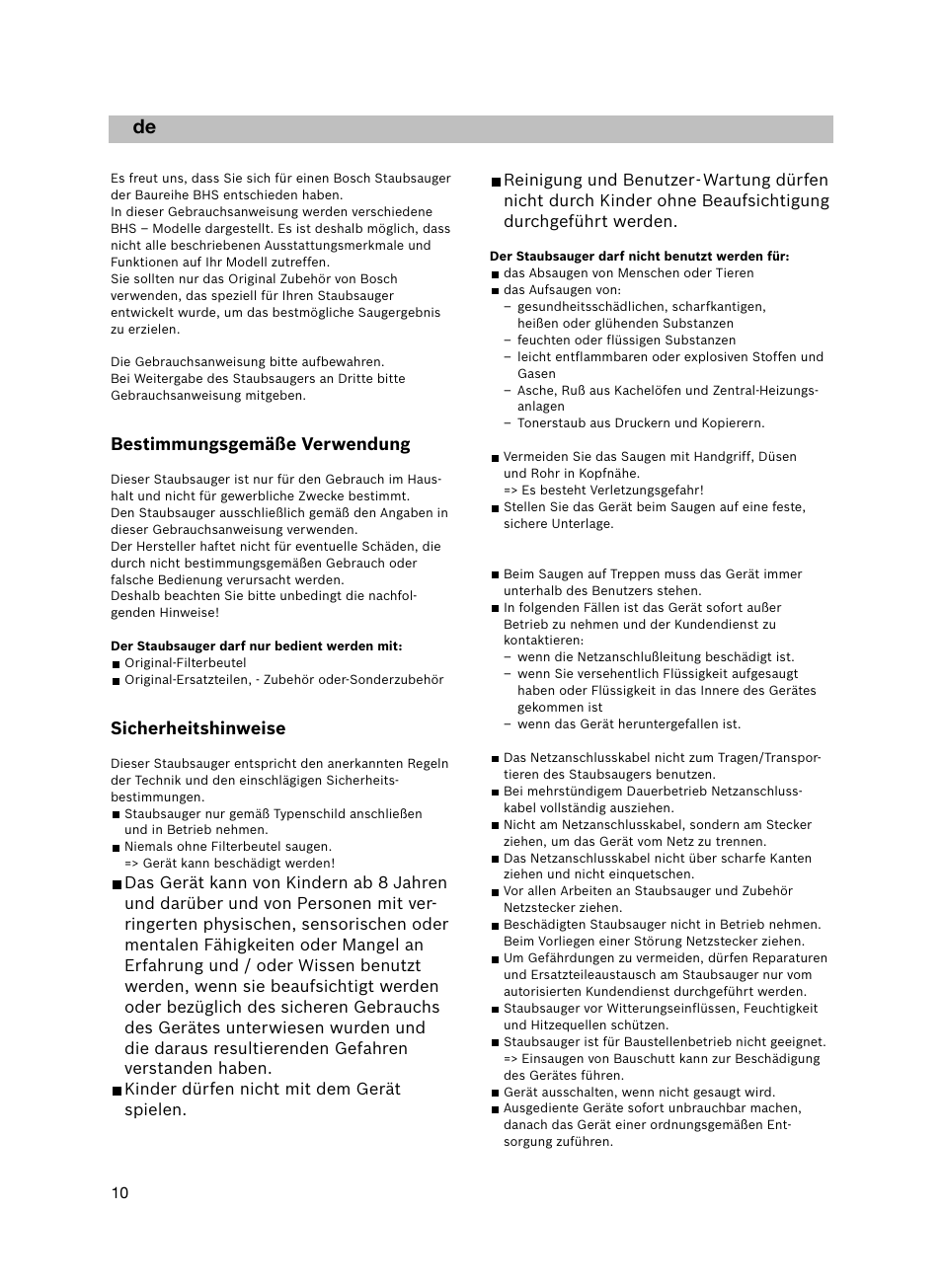 Bestimmungsgemäße verwendung, Sicherheitshinweise | Bosch flexa Handstaubsauger BHS21600 nordkapblau-metallic User Manual | Page 11 / 35