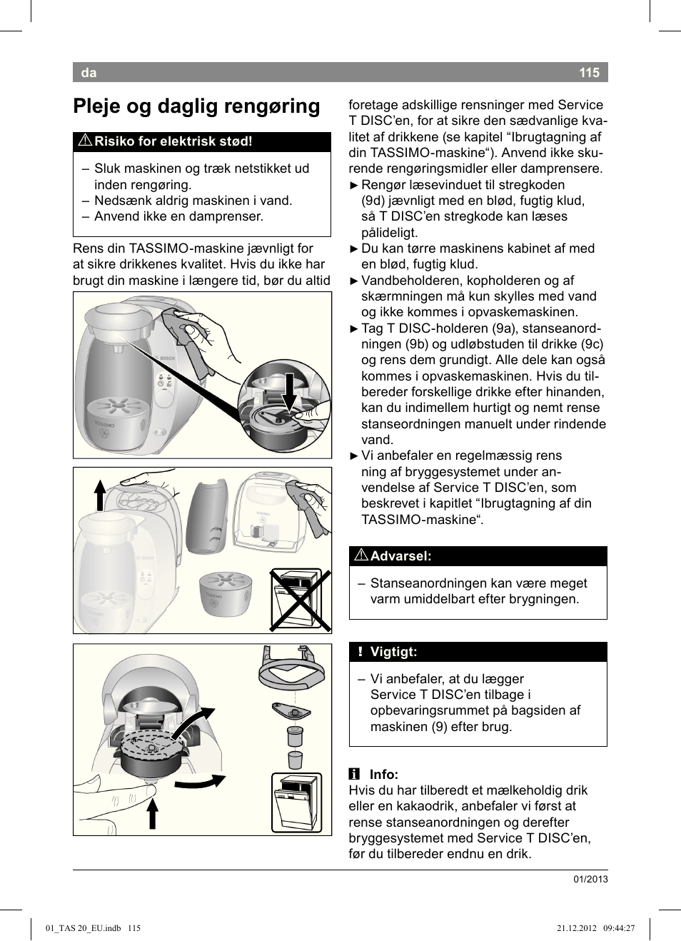 Pleje og daglig rengøring | Bosch Multigetränkesystem TAS2002 Glossy Black User Manual | Page 113 / 152