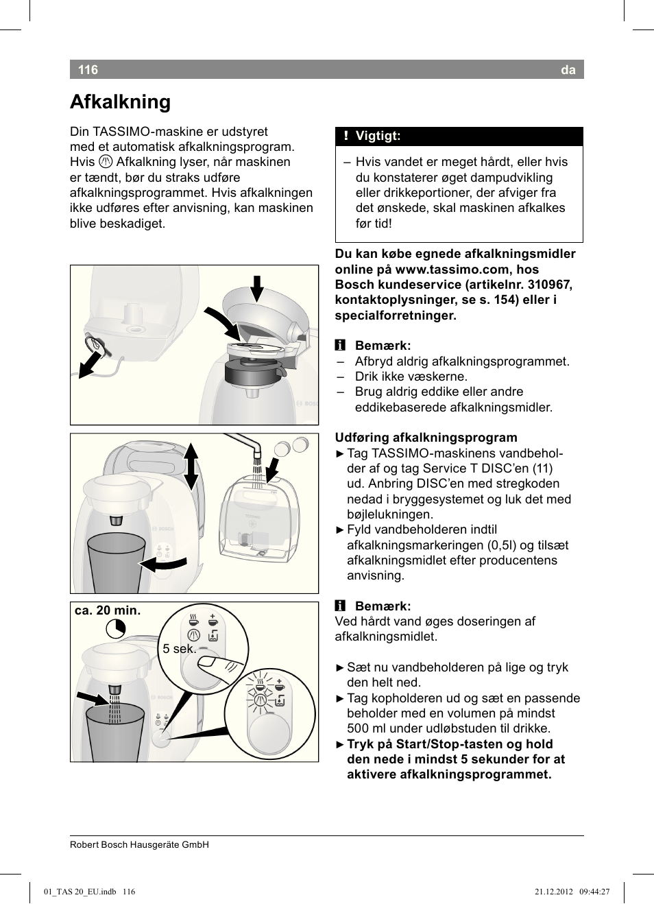 Afkalkning | Bosch Multigetränkesystem TAS2002 Glossy Black User Manual | Page 114 / 152