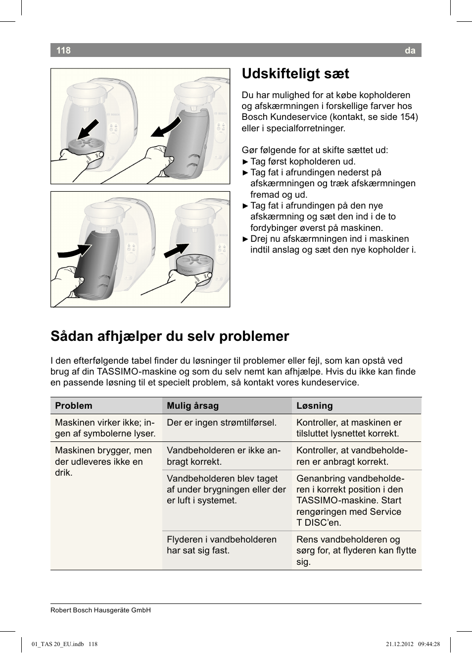 Sådan afhjælper du selv problemer, Udskifteligt sæt | Bosch Multigetränkesystem TAS2002 Glossy Black User Manual | Page 116 / 152