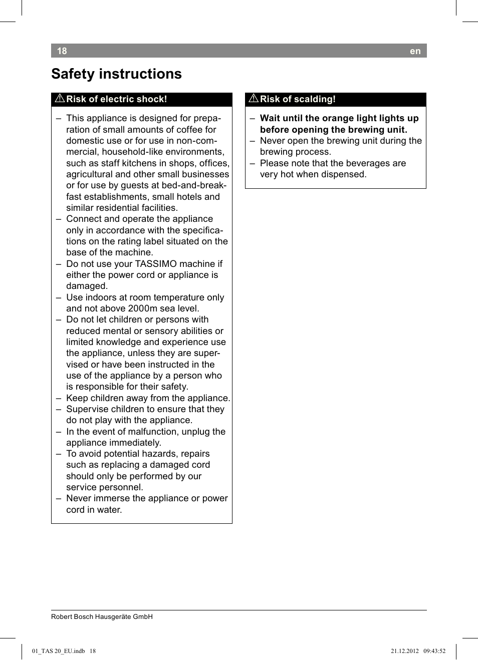 Safety instructions | Bosch Multigetränkesystem TAS2002 Glossy Black User Manual | Page 16 / 152