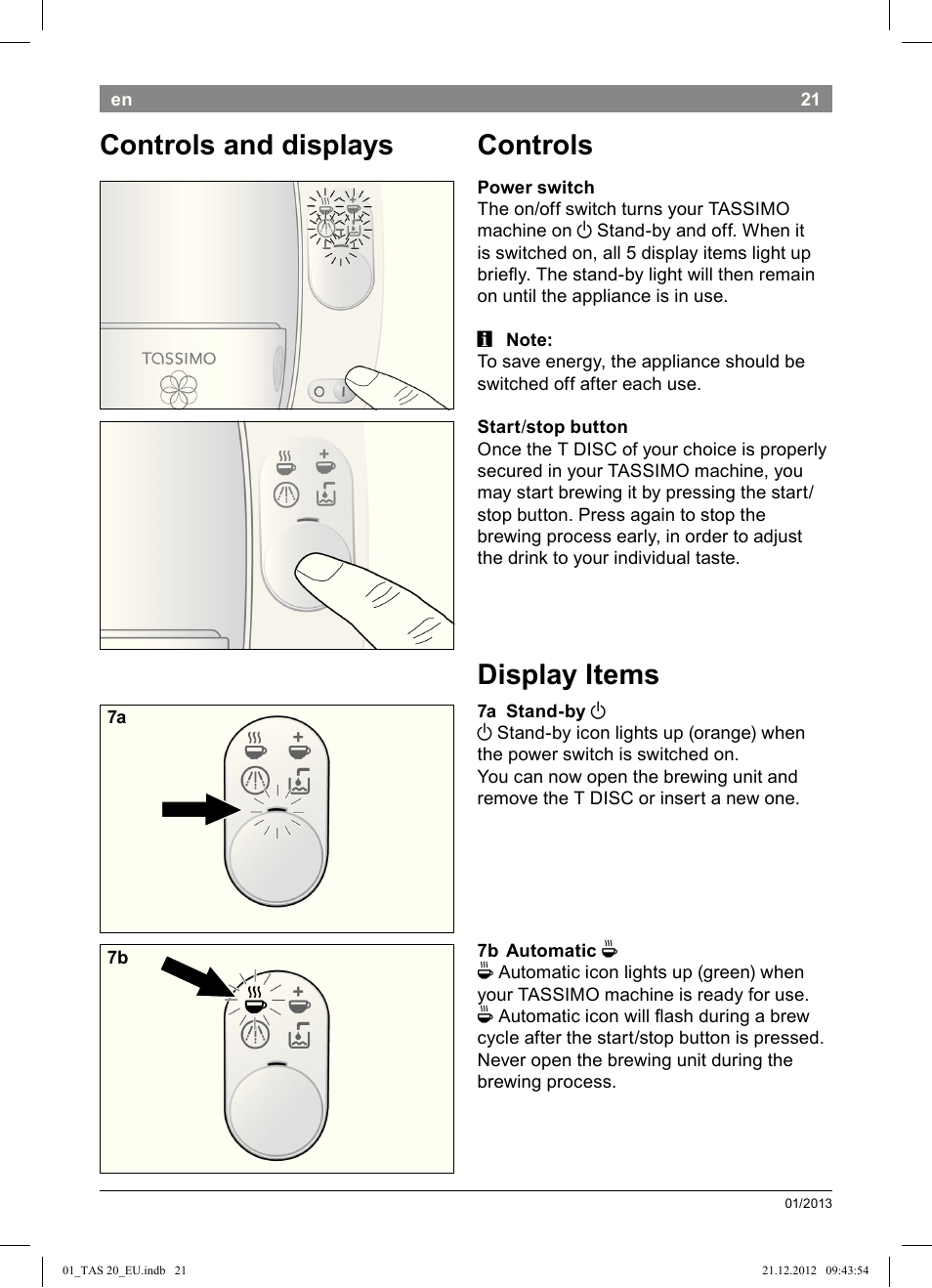 Controls, Display items, Controls and displays | Bosch Multigetränkesystem TAS2002 Glossy Black User Manual | Page 19 / 152