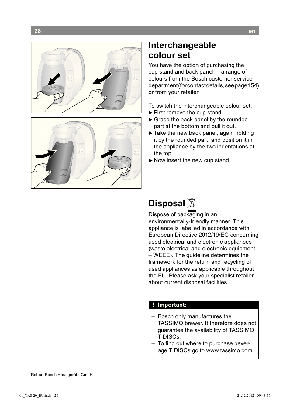 Interchangeable colour set, Disposal | Bosch Multigetränkesystem TAS2002 Glossy Black User Manual | Page 26 / 152