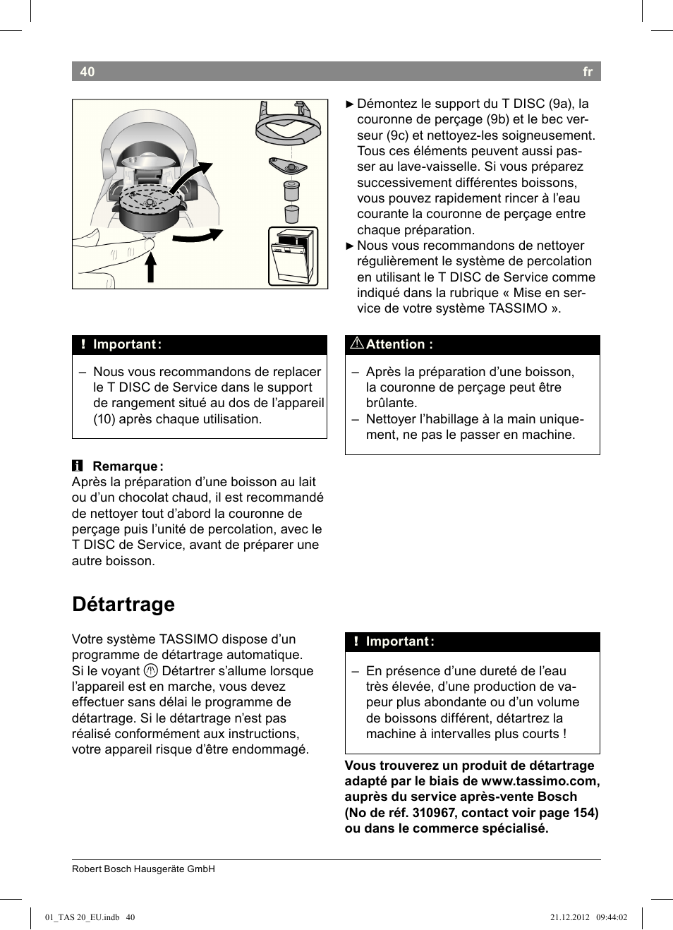 Détartrage | Bosch Multigetränkesystem TAS2002 Glossy Black User Manual | Page 38 / 152