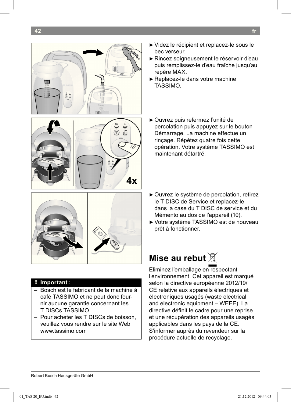 Mise au rebut | Bosch Multigetränkesystem TAS2002 Glossy Black User Manual | Page 40 / 152