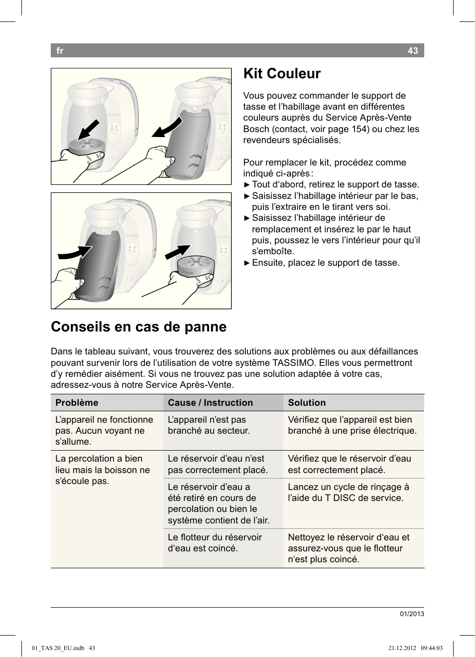 Kit couleur, Conseils en cas de panne | Bosch Multigetränkesystem TAS2002 Glossy Black User Manual | Page 41 / 152