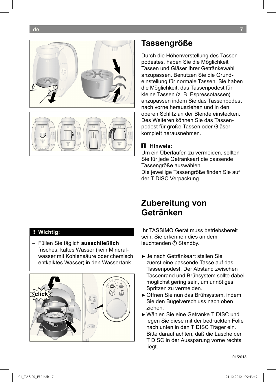 Tassengröße, Zubereitung von getränken | Bosch Multigetränkesystem TAS2002 Glossy Black User Manual | Page 5 / 152