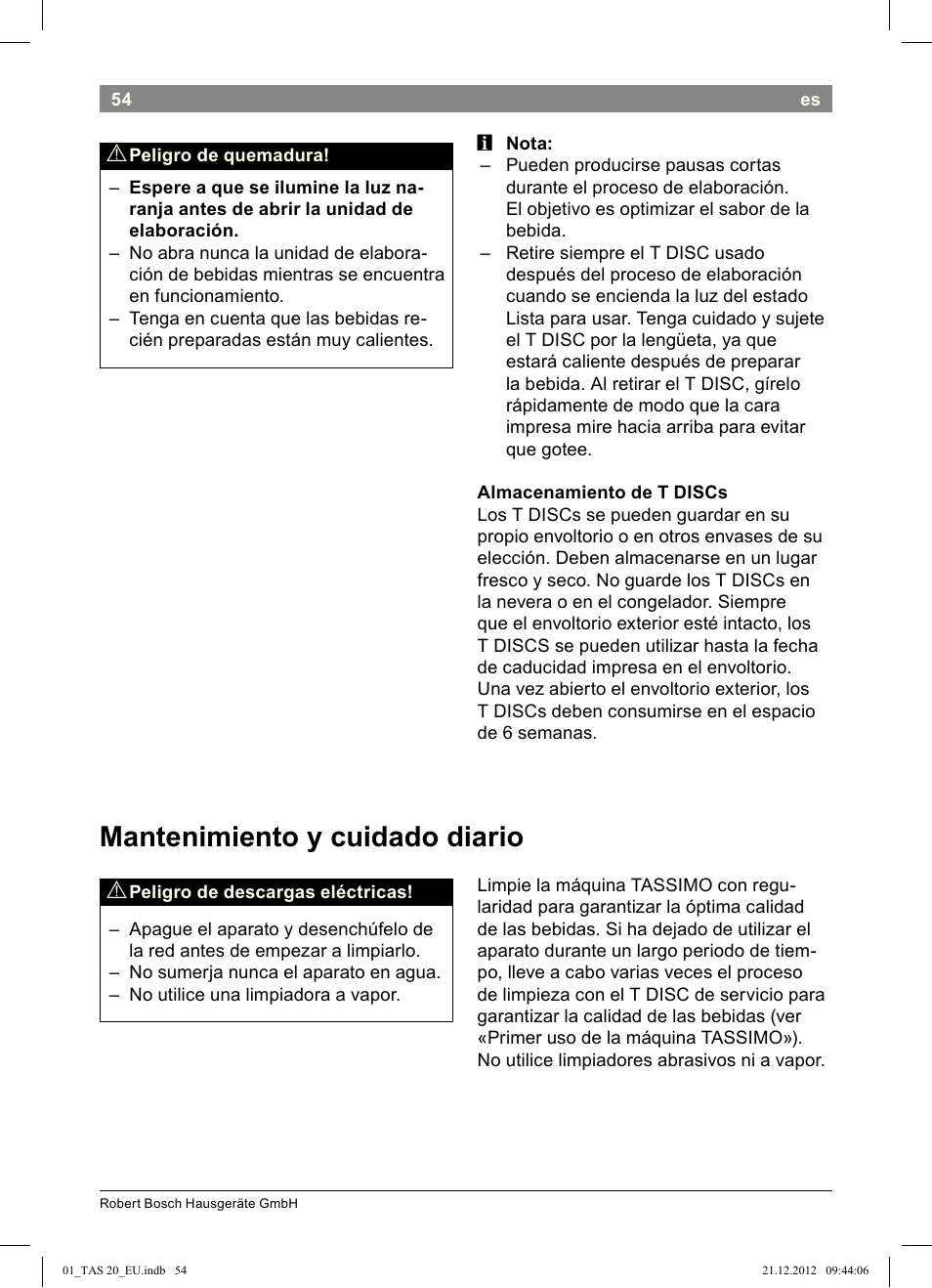 Mantenimiento y cuidado diario | Bosch Multigetränkesystem TAS2002 Glossy Black User Manual | Page 52 / 152