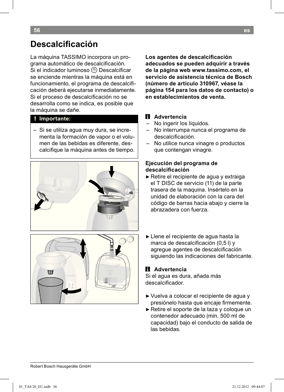 Descalcii cación | Bosch Multigetränkesystem TAS2002 Glossy Black User Manual | Page 54 / 152