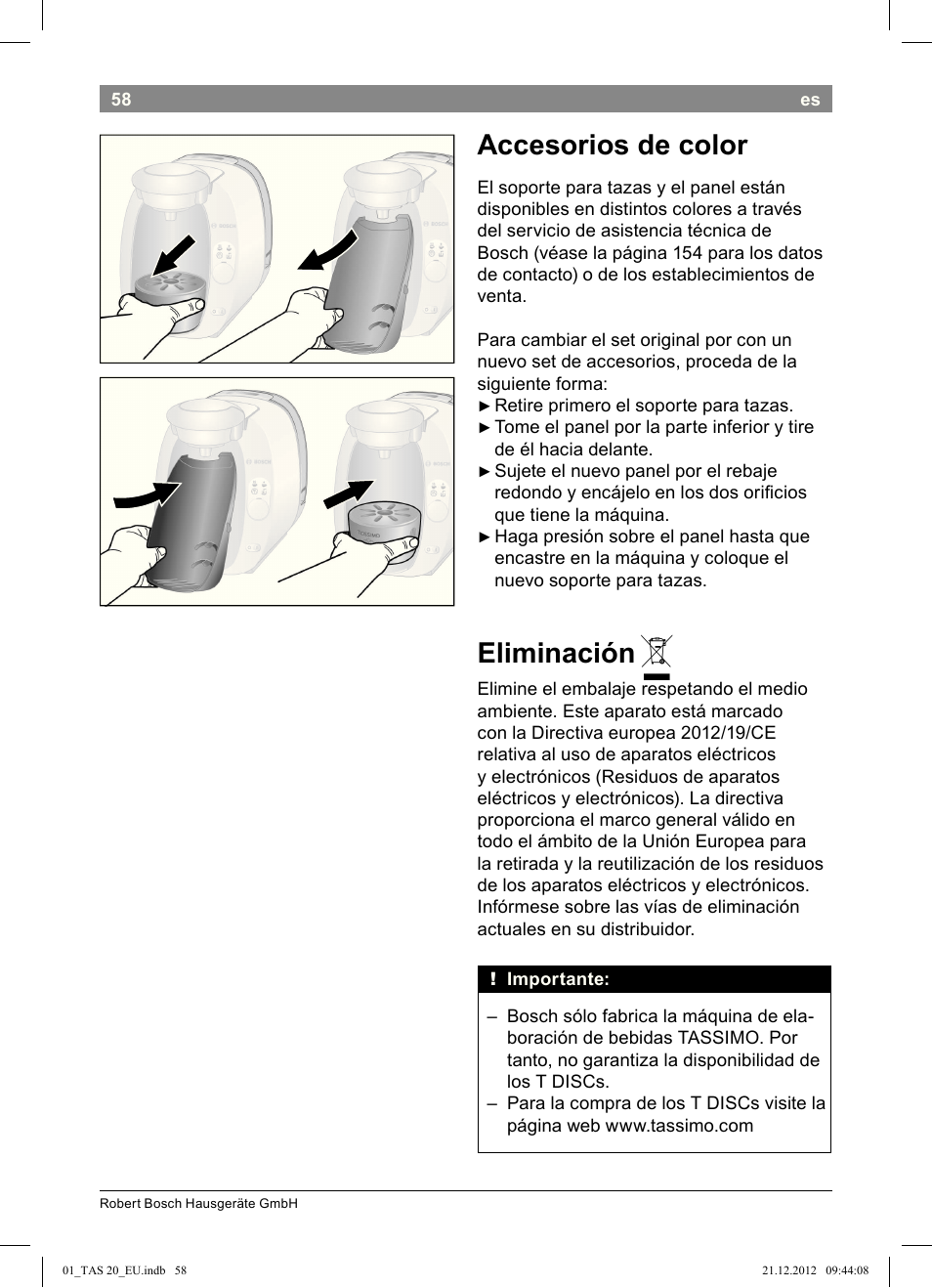 Accesorios de color, Eliminación | Bosch Multigetränkesystem TAS2002 Glossy Black User Manual | Page 56 / 152