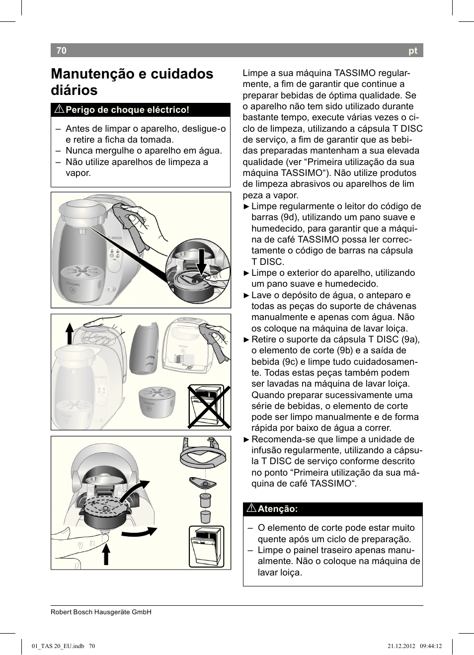 Manutenção e cuidados diários | Bosch Multigetränkesystem TAS2002 Glossy Black User Manual | Page 68 / 152