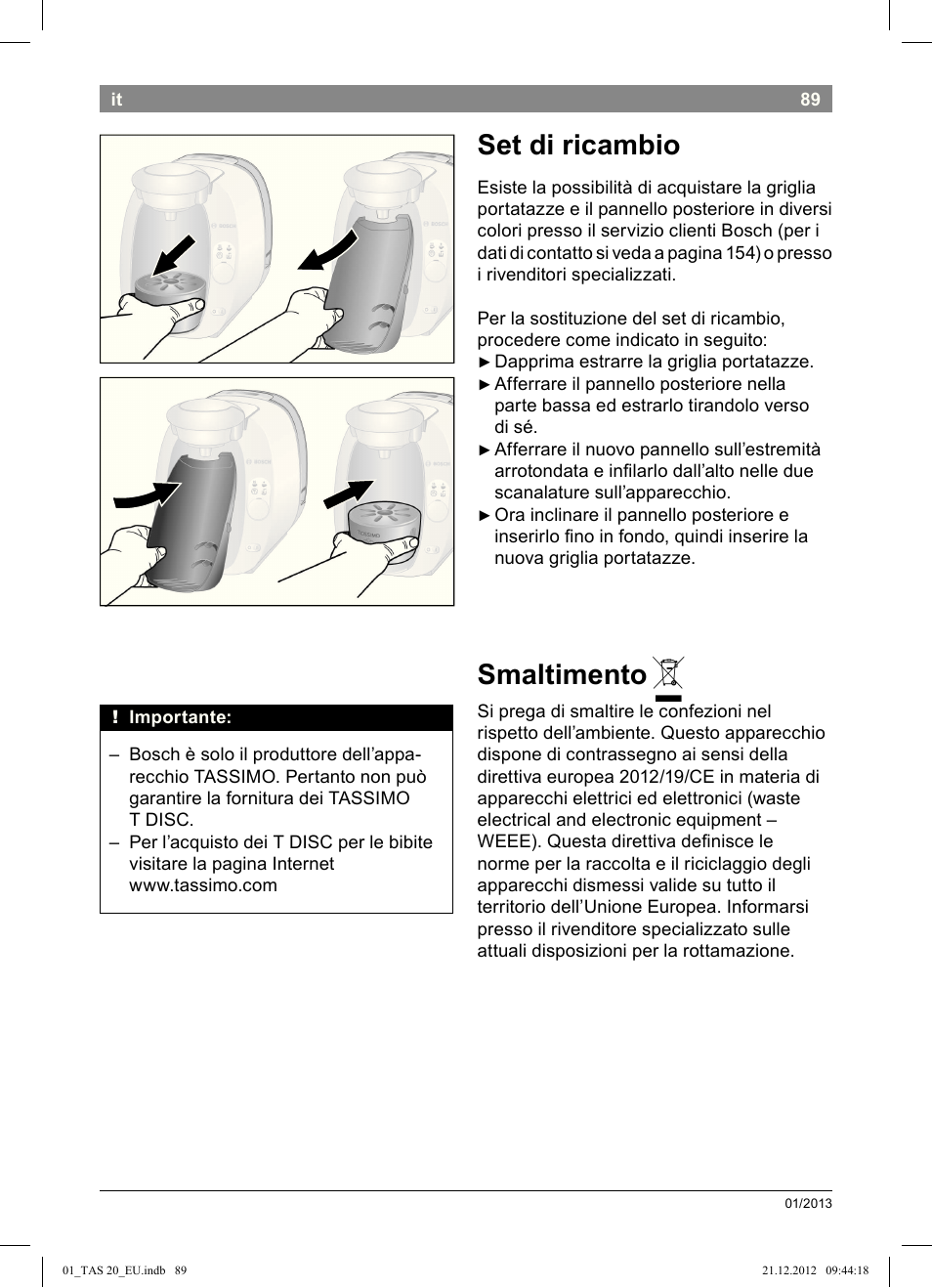 Set di ricambio, Smaltimento | Bosch Multigetränkesystem TAS2002 Glossy Black User Manual | Page 87 / 152