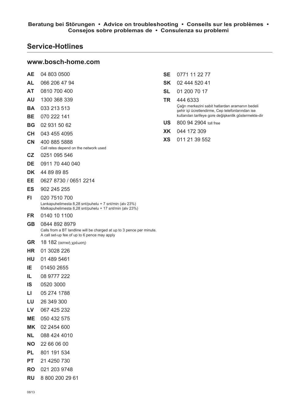 Bosch-infoteam, Garantiebedingungen, Service-hotlines | Deutschland (de) | Bosch TES80359DE VeroSelection 300 Kaffeevollautomat Front Edelstahl Gehäuse hochglanz anthrazit User Manual | Page 119 / 120