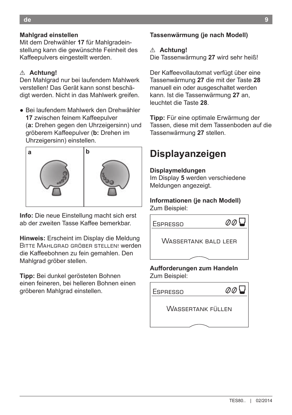 Displayanzeigen | Bosch TES80359DE VeroSelection 300 Kaffeevollautomat Front Edelstahl Gehäuse hochglanz anthrazit User Manual | Page 13 / 120