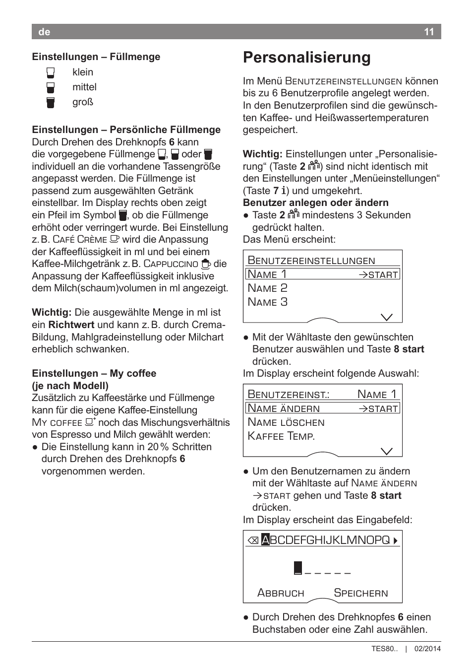 Personalisierung | Bosch TES80359DE VeroSelection 300 Kaffeevollautomat Front Edelstahl Gehäuse hochglanz anthrazit User Manual | Page 15 / 120