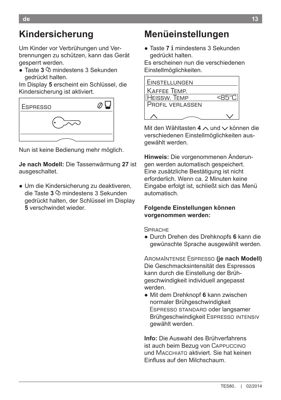 Kindersicherung, Menüeinstellungen | Bosch TES80359DE VeroSelection 300 Kaffeevollautomat Front Edelstahl Gehäuse hochglanz anthrazit User Manual | Page 17 / 120