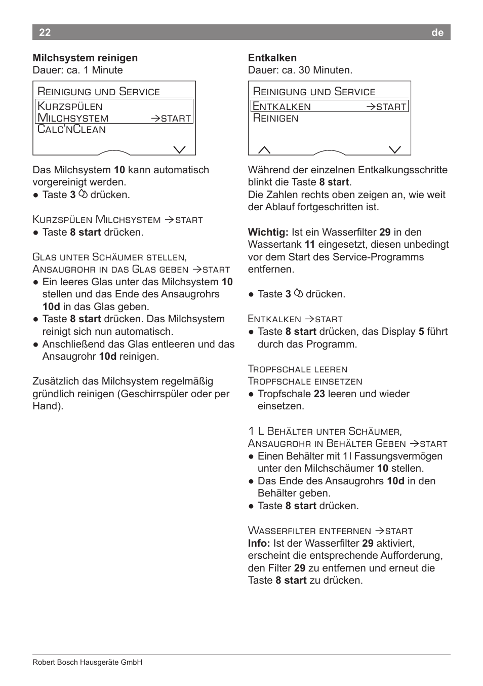 Reinigung und service kurzspülen milchsystem, Start calc‘nclean, Reinigung und service entkalken | Start reinigen | Bosch TES80359DE VeroSelection 300 Kaffeevollautomat Front Edelstahl Gehäuse hochglanz anthrazit User Manual | Page 26 / 120