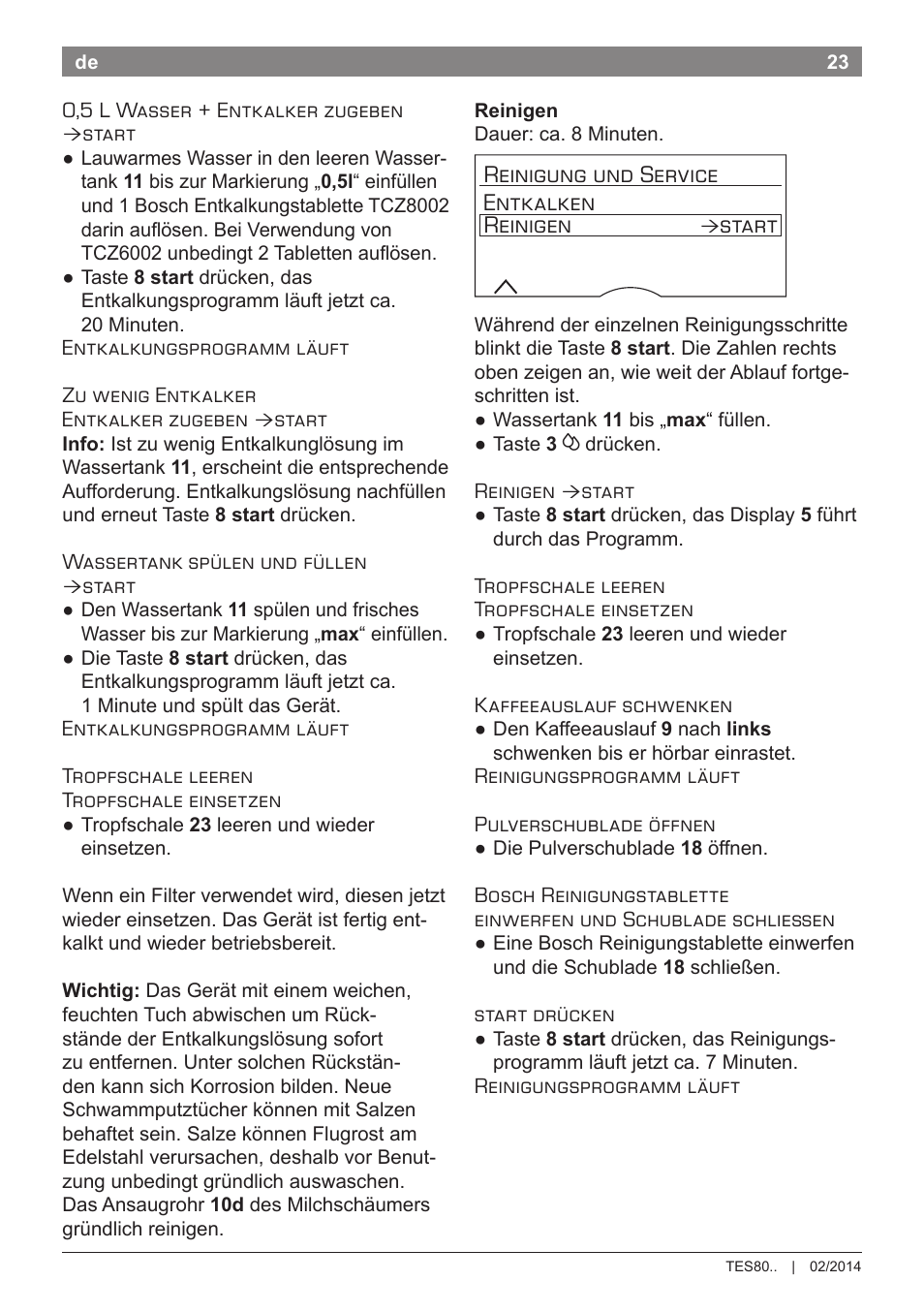 Reinigung und service entkalken reinigen, Start | Bosch TES80359DE VeroSelection 300 Kaffeevollautomat Front Edelstahl Gehäuse hochglanz anthrazit User Manual | Page 27 / 120