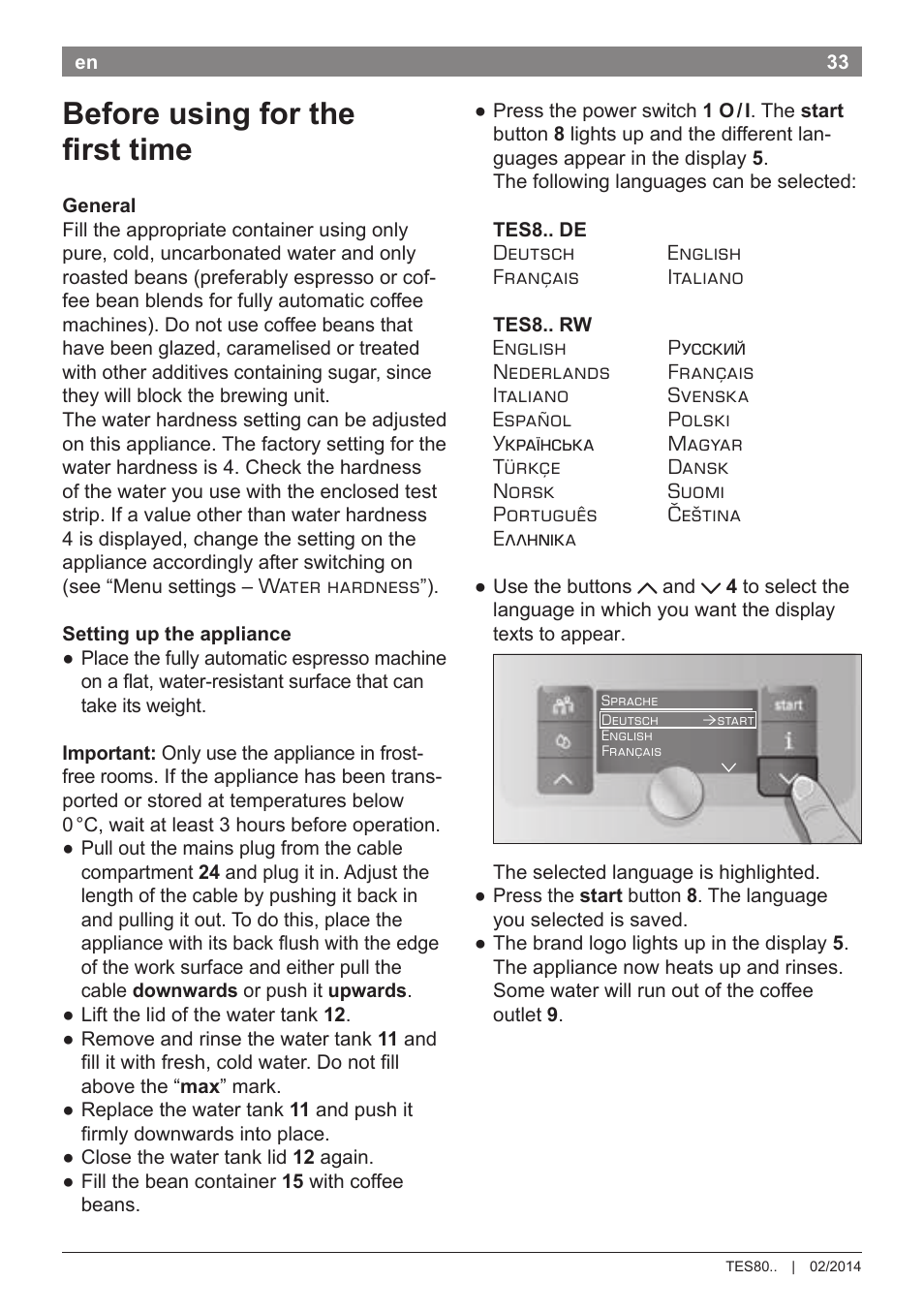 Before using for the first time | Bosch TES80359DE VeroSelection 300 Kaffeevollautomat Front Edelstahl Gehäuse hochglanz anthrazit User Manual | Page 37 / 120