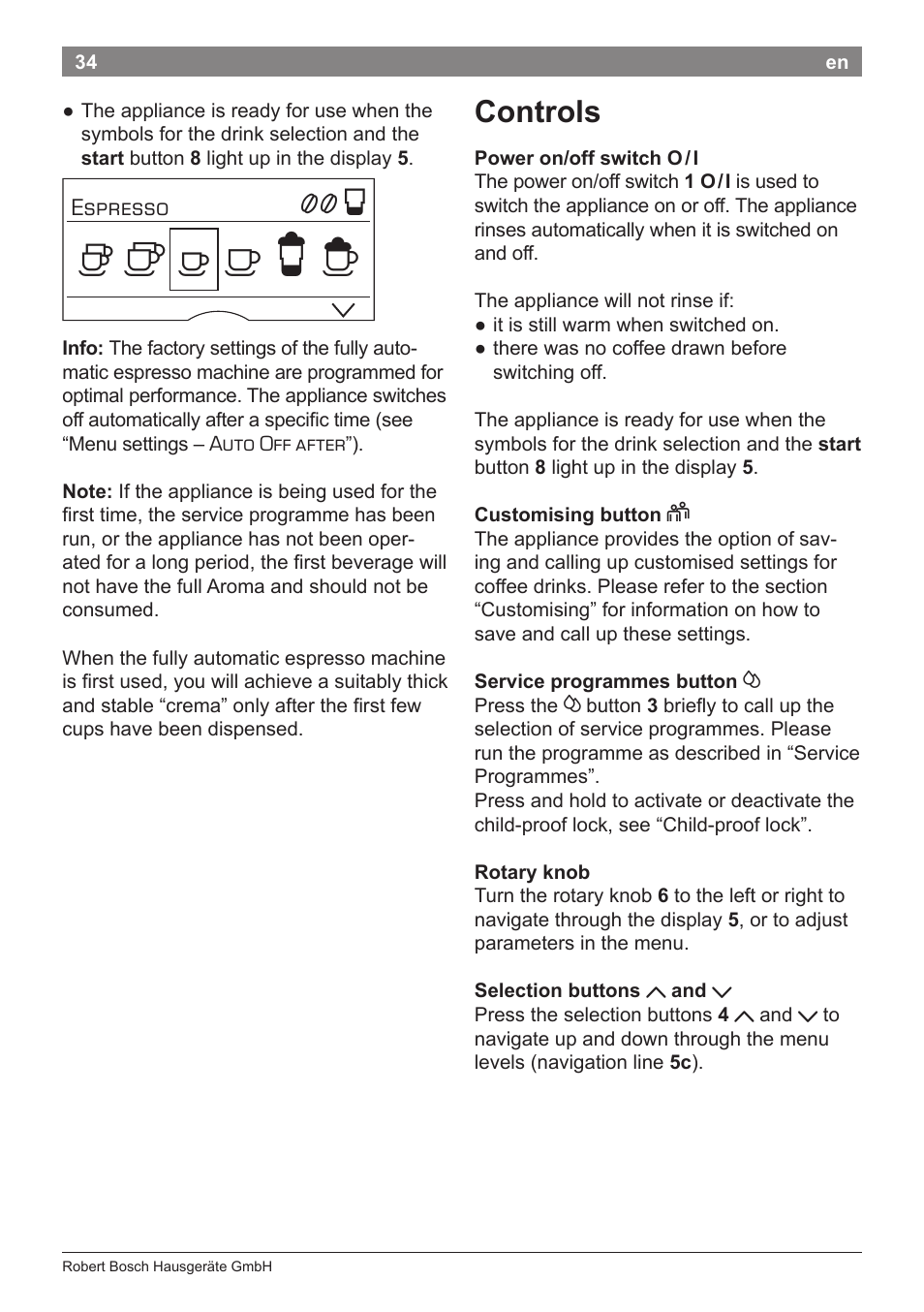Controls | Bosch TES80359DE VeroSelection 300 Kaffeevollautomat Front Edelstahl Gehäuse hochglanz anthrazit User Manual | Page 38 / 120