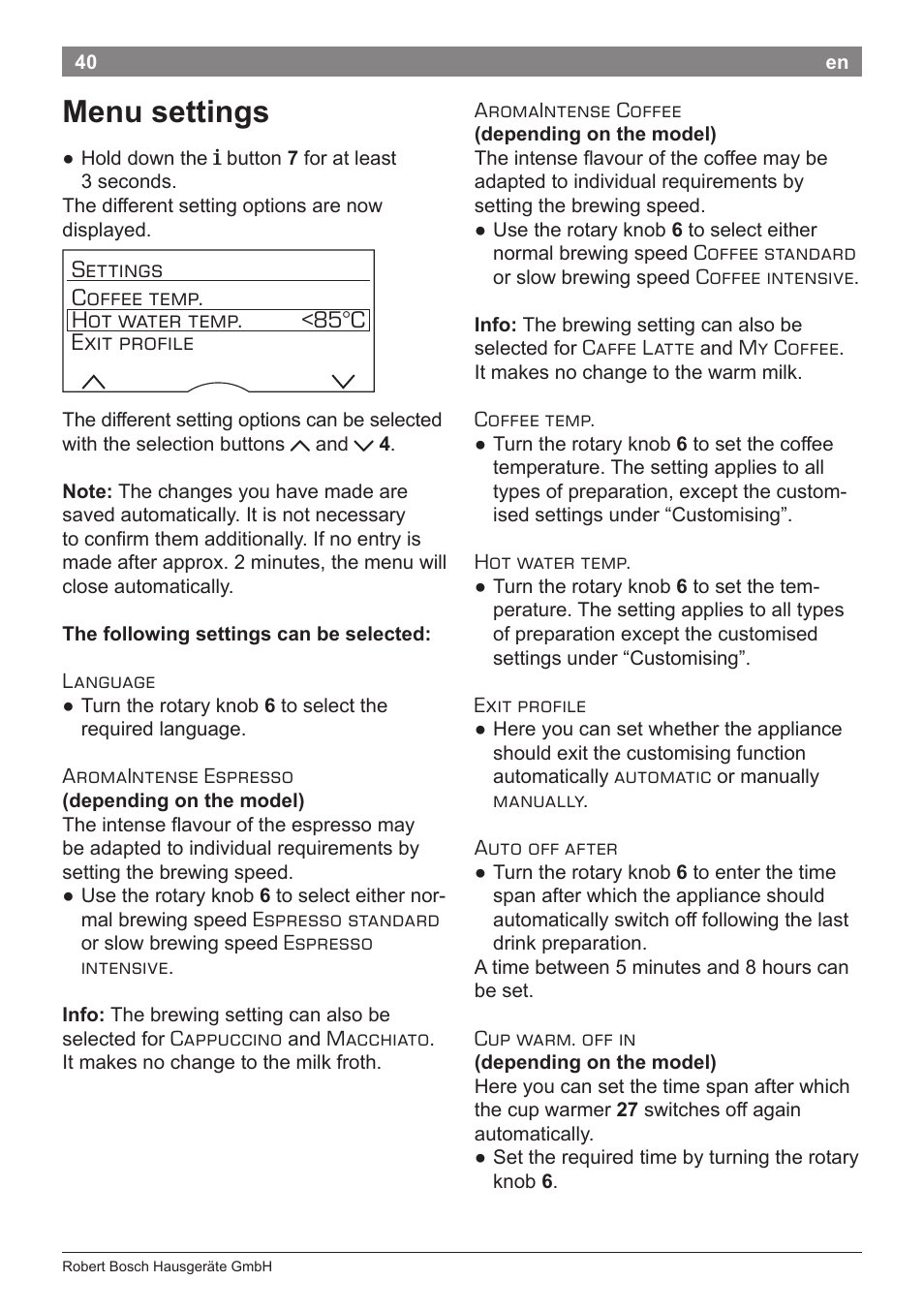 Menu settings | Bosch TES80359DE VeroSelection 300 Kaffeevollautomat Front Edelstahl Gehäuse hochglanz anthrazit User Manual | Page 44 / 120