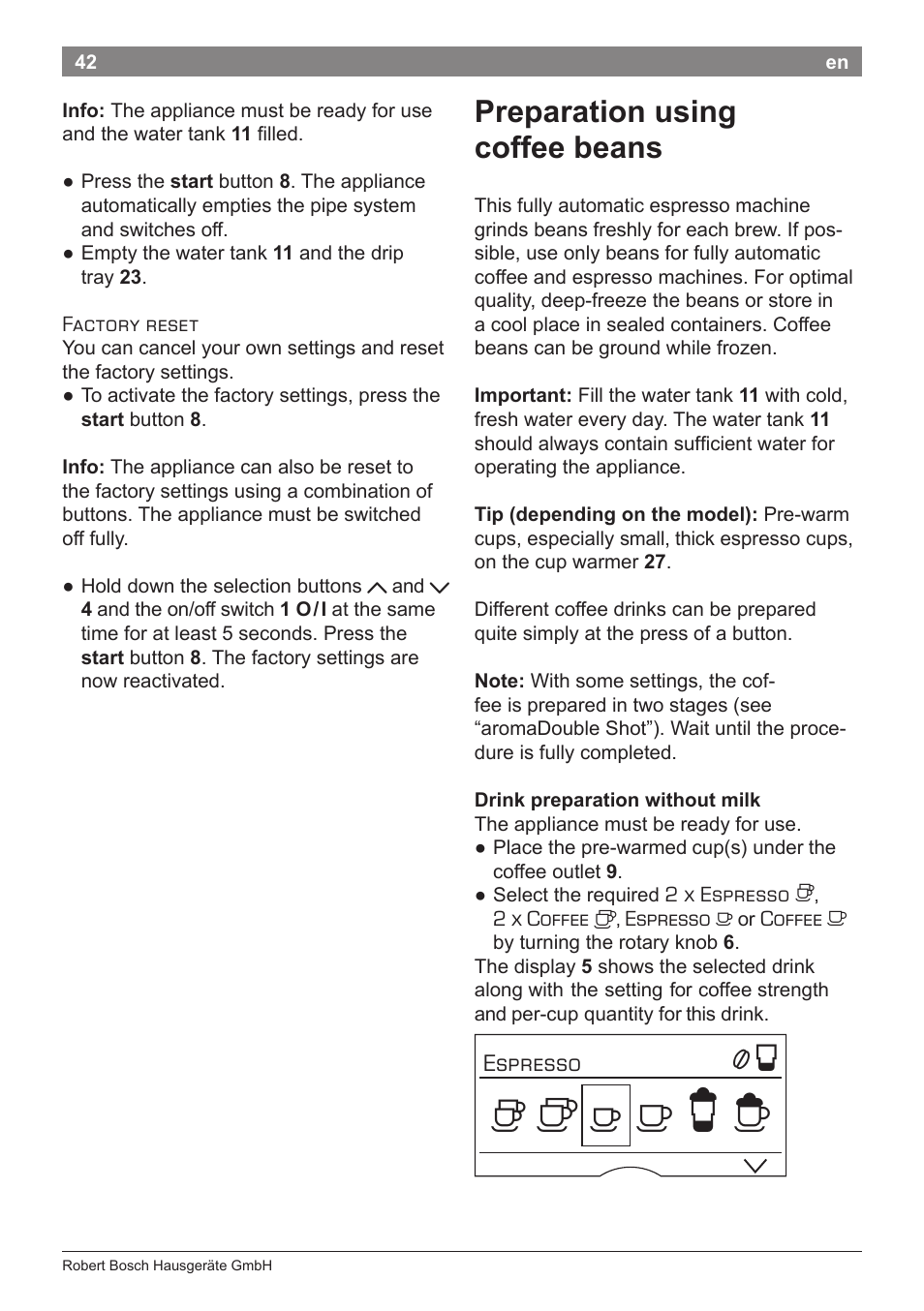 Preparation using coffee beans | Bosch TES80359DE VeroSelection 300 Kaffeevollautomat Front Edelstahl Gehäuse hochglanz anthrazit User Manual | Page 46 / 120