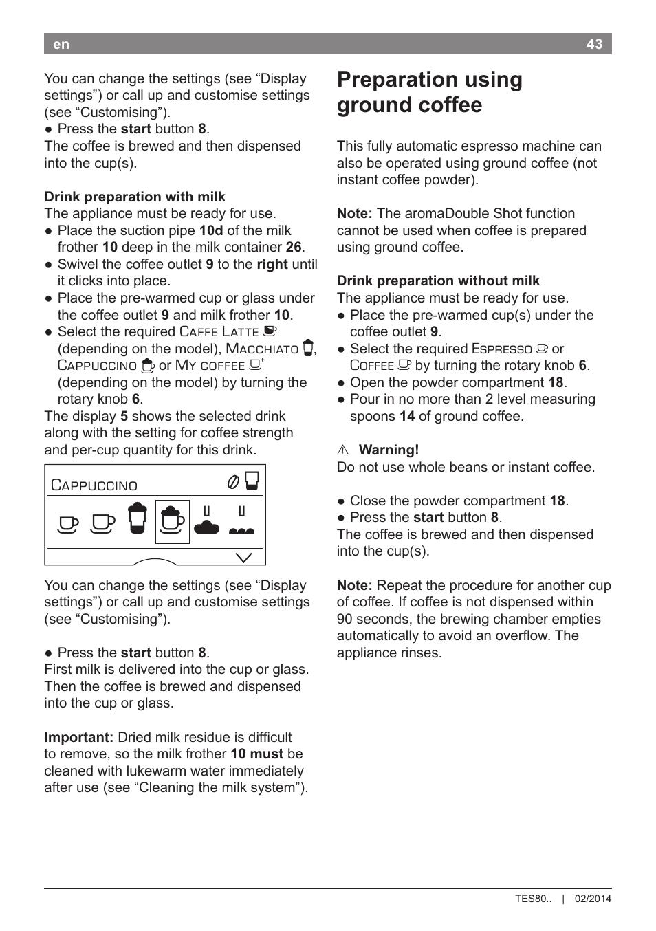 Preparation using ground coffee | Bosch TES80359DE VeroSelection 300 Kaffeevollautomat Front Edelstahl Gehäuse hochglanz anthrazit User Manual | Page 47 / 120