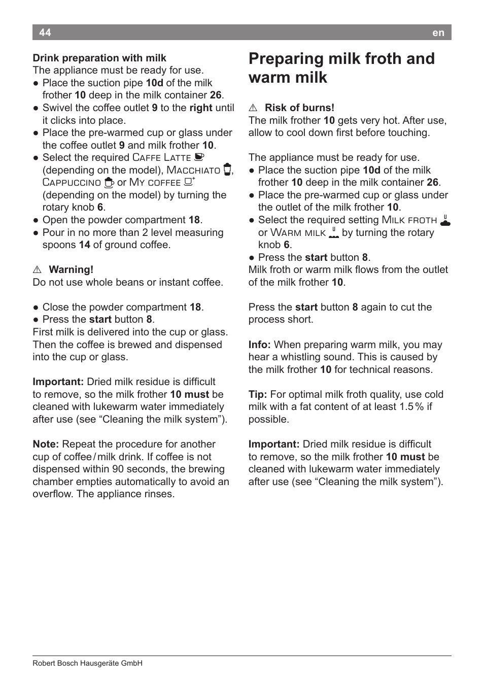 Preparing milk froth and warm milk | Bosch TES80359DE VeroSelection 300 Kaffeevollautomat Front Edelstahl Gehäuse hochglanz anthrazit User Manual | Page 48 / 120