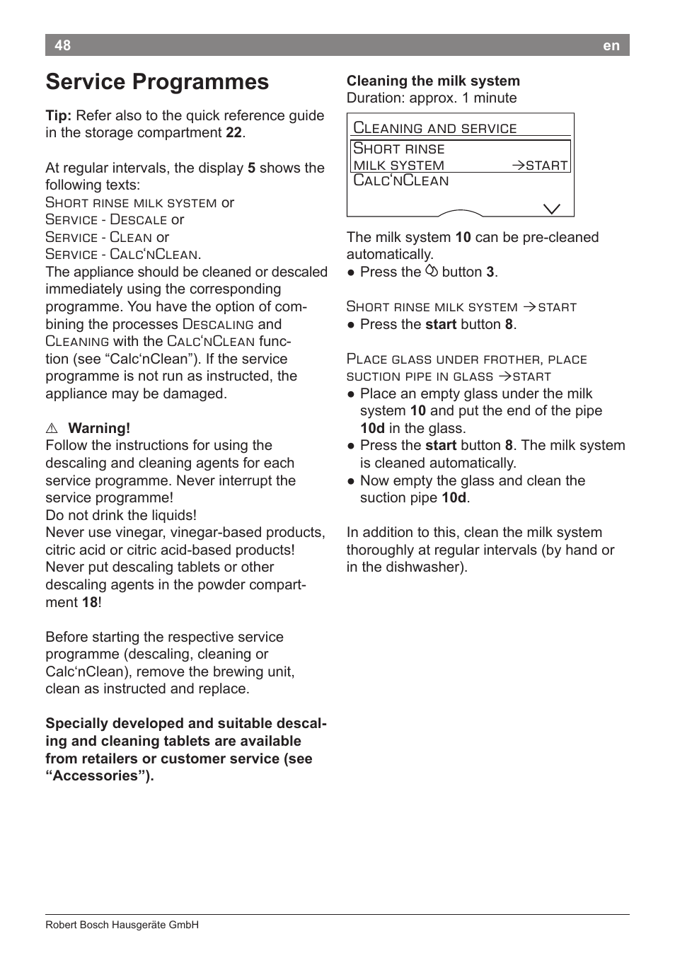 Service programmes, Cleaning and service short rinse milk system, Start calc‘nclean | Bosch TES80359DE VeroSelection 300 Kaffeevollautomat Front Edelstahl Gehäuse hochglanz anthrazit User Manual | Page 52 / 120