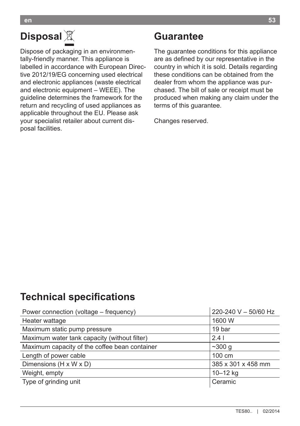Disposal, Guarantee, Technical specifications | Bosch TES80359DE VeroSelection 300 Kaffeevollautomat Front Edelstahl Gehäuse hochglanz anthrazit User Manual | Page 57 / 120