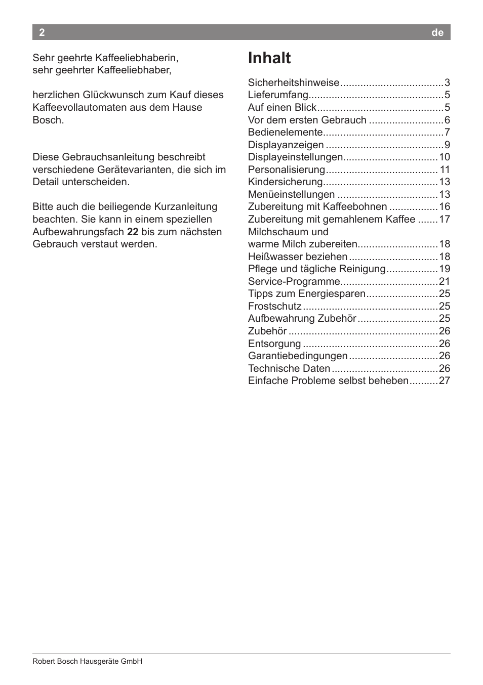 Inhalt | Bosch TES80359DE VeroSelection 300 Kaffeevollautomat Front Edelstahl Gehäuse hochglanz anthrazit User Manual | Page 6 / 120