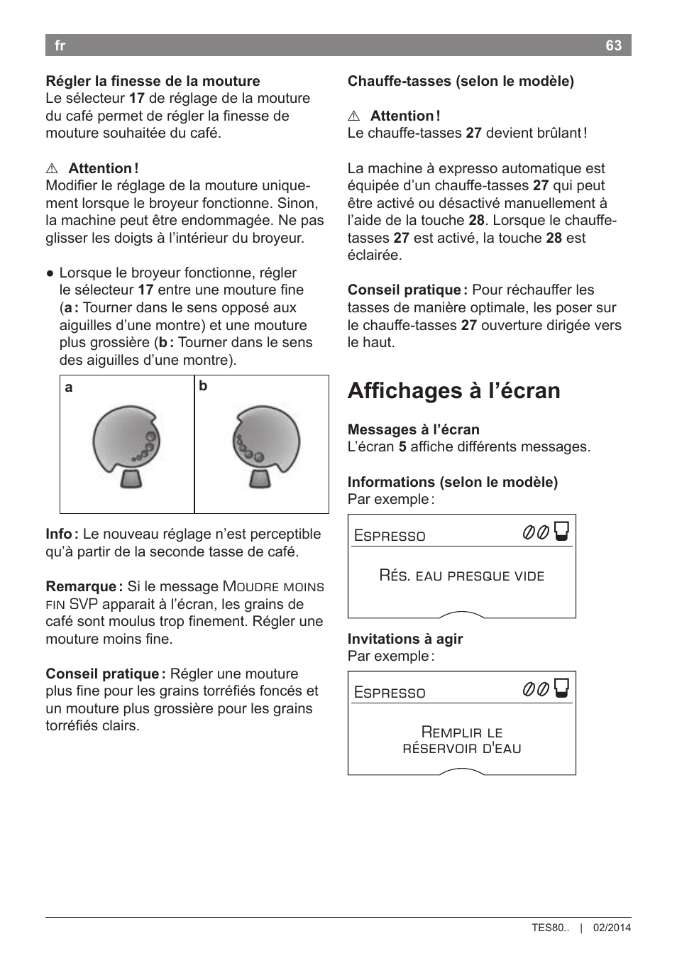 Affichages à l’écran | Bosch TES80359DE VeroSelection 300 Kaffeevollautomat Front Edelstahl Gehäuse hochglanz anthrazit User Manual | Page 67 / 120