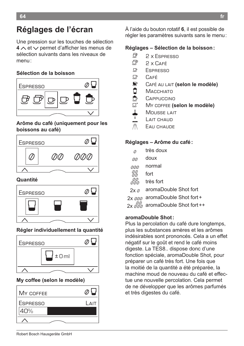 Но р т, Réglages de l’écran | Bosch TES80359DE VeroSelection 300 Kaffeevollautomat Front Edelstahl Gehäuse hochglanz anthrazit User Manual | Page 68 / 120