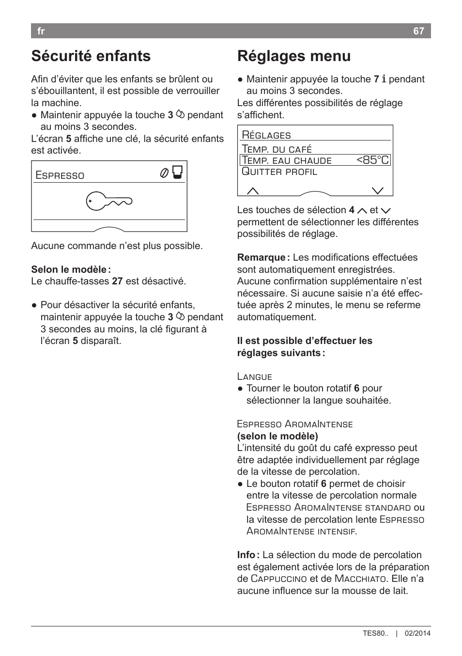 Sécurité enfants, Réglages menu | Bosch TES80359DE VeroSelection 300 Kaffeevollautomat Front Edelstahl Gehäuse hochglanz anthrazit User Manual | Page 71 / 120