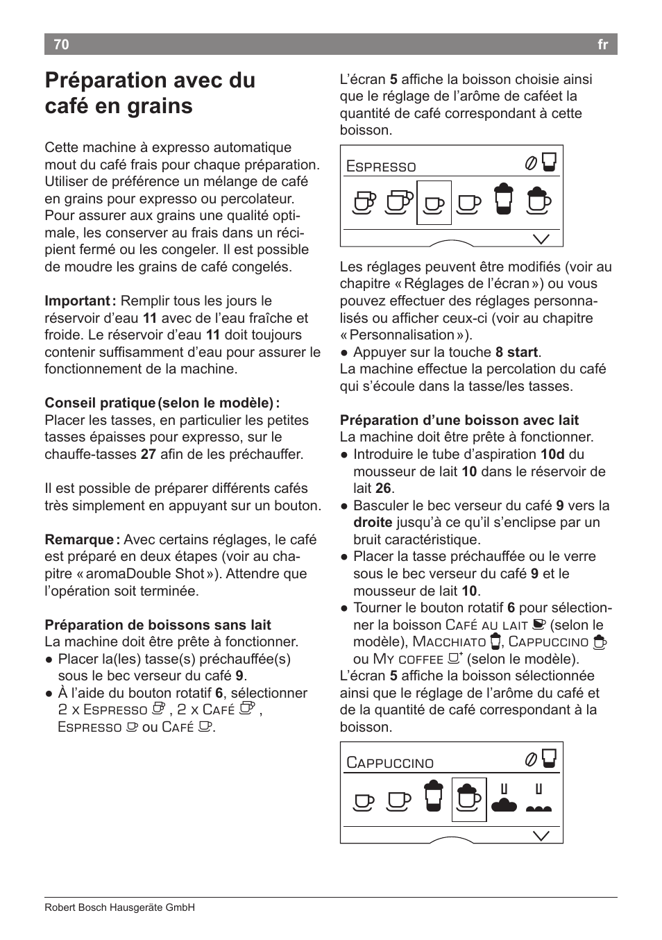 Préparation avec du café en grains | Bosch TES80359DE VeroSelection 300 Kaffeevollautomat Front Edelstahl Gehäuse hochglanz anthrazit User Manual | Page 74 / 120