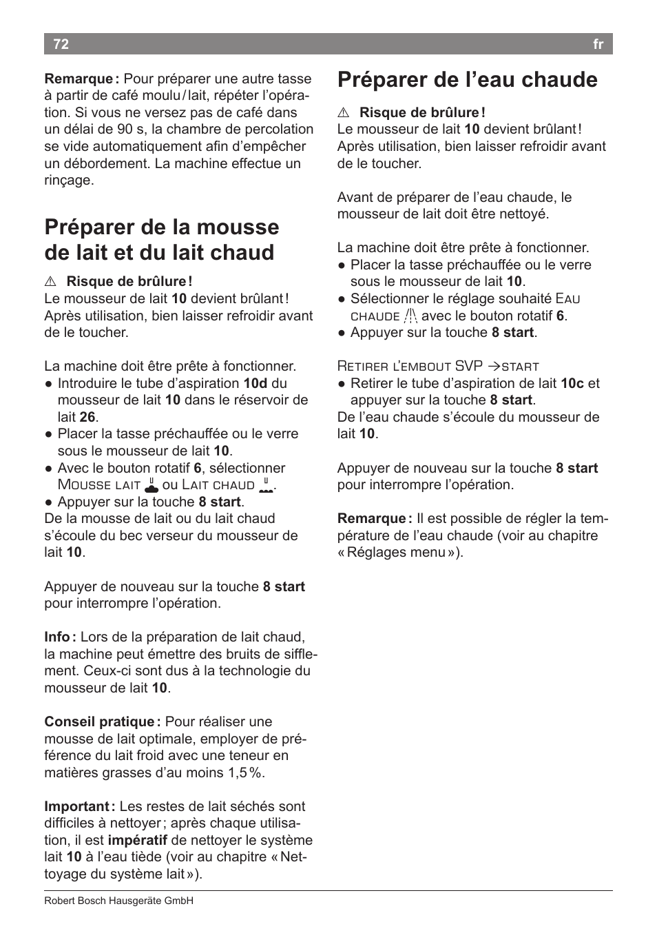 Préparer de la mousse de lait et du lait chaud, Préparer de l’eau chaude | Bosch TES80359DE VeroSelection 300 Kaffeevollautomat Front Edelstahl Gehäuse hochglanz anthrazit User Manual | Page 76 / 120