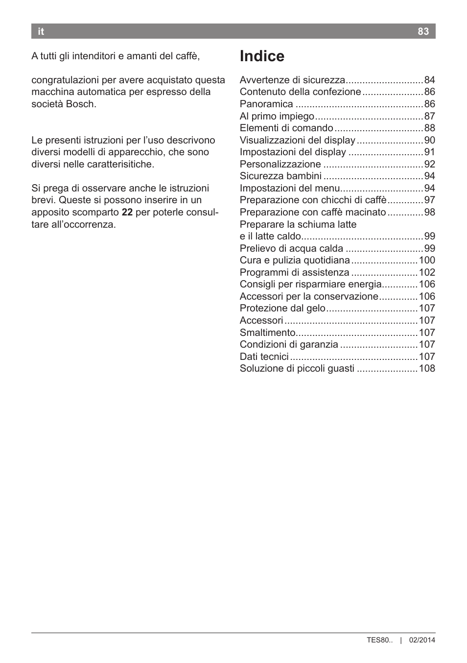 Indice | Bosch TES80359DE VeroSelection 300 Kaffeevollautomat Front Edelstahl Gehäuse hochglanz anthrazit User Manual | Page 87 / 120