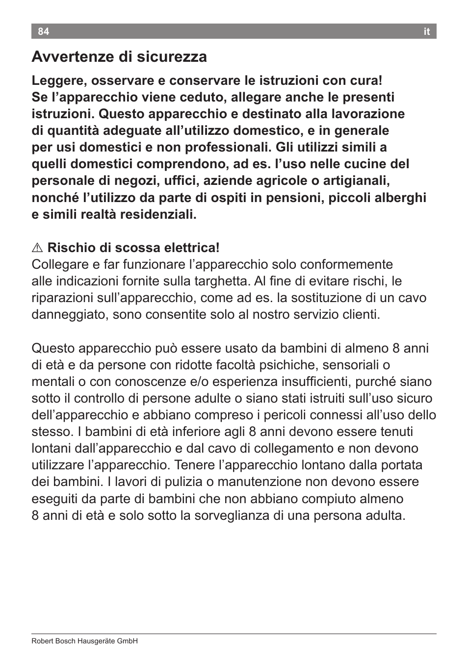 Avvertenze di sicurezza | Bosch TES80359DE VeroSelection 300 Kaffeevollautomat Front Edelstahl Gehäuse hochglanz anthrazit User Manual | Page 88 / 120