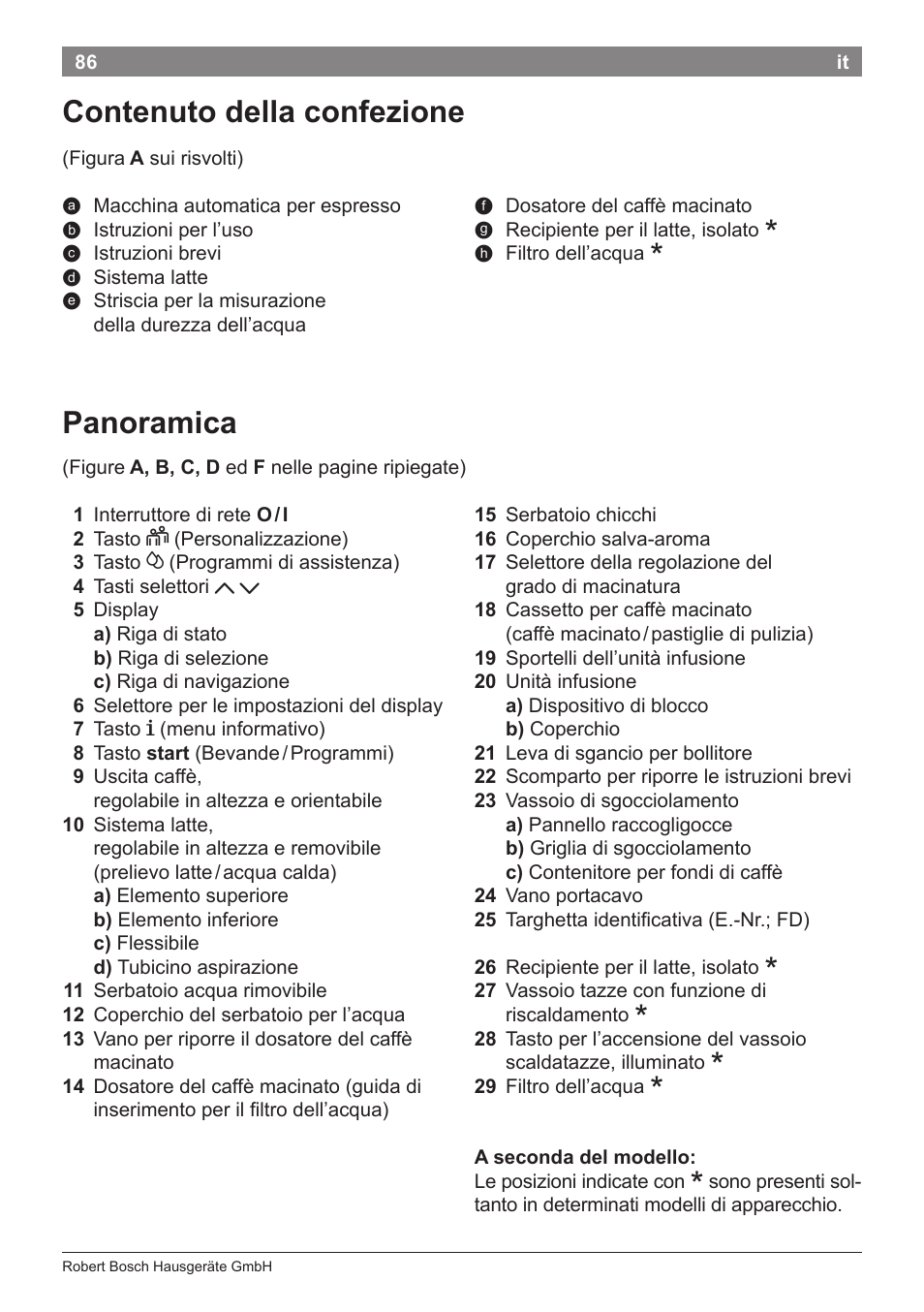 Panoramica, Contenuto della confezione | Bosch TES80359DE VeroSelection 300 Kaffeevollautomat Front Edelstahl Gehäuse hochglanz anthrazit User Manual | Page 90 / 120