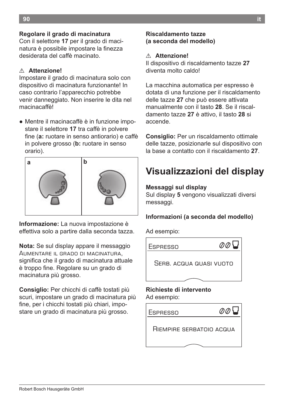 Visualizzazioni del display | Bosch TES80359DE VeroSelection 300 Kaffeevollautomat Front Edelstahl Gehäuse hochglanz anthrazit User Manual | Page 94 / 120