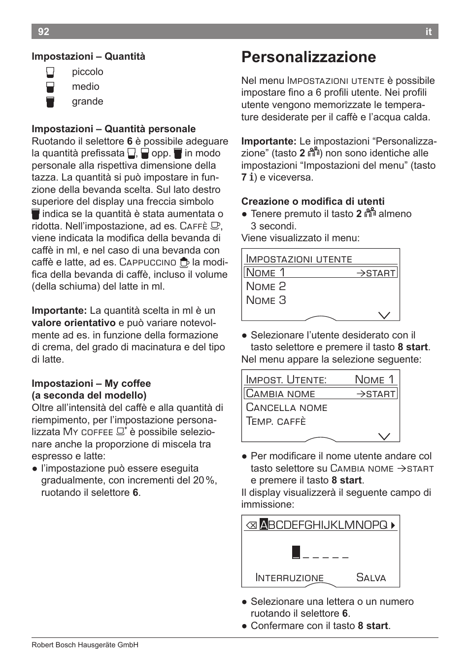 Personalizzazione | Bosch TES80359DE VeroSelection 300 Kaffeevollautomat Front Edelstahl Gehäuse hochglanz anthrazit User Manual | Page 96 / 120