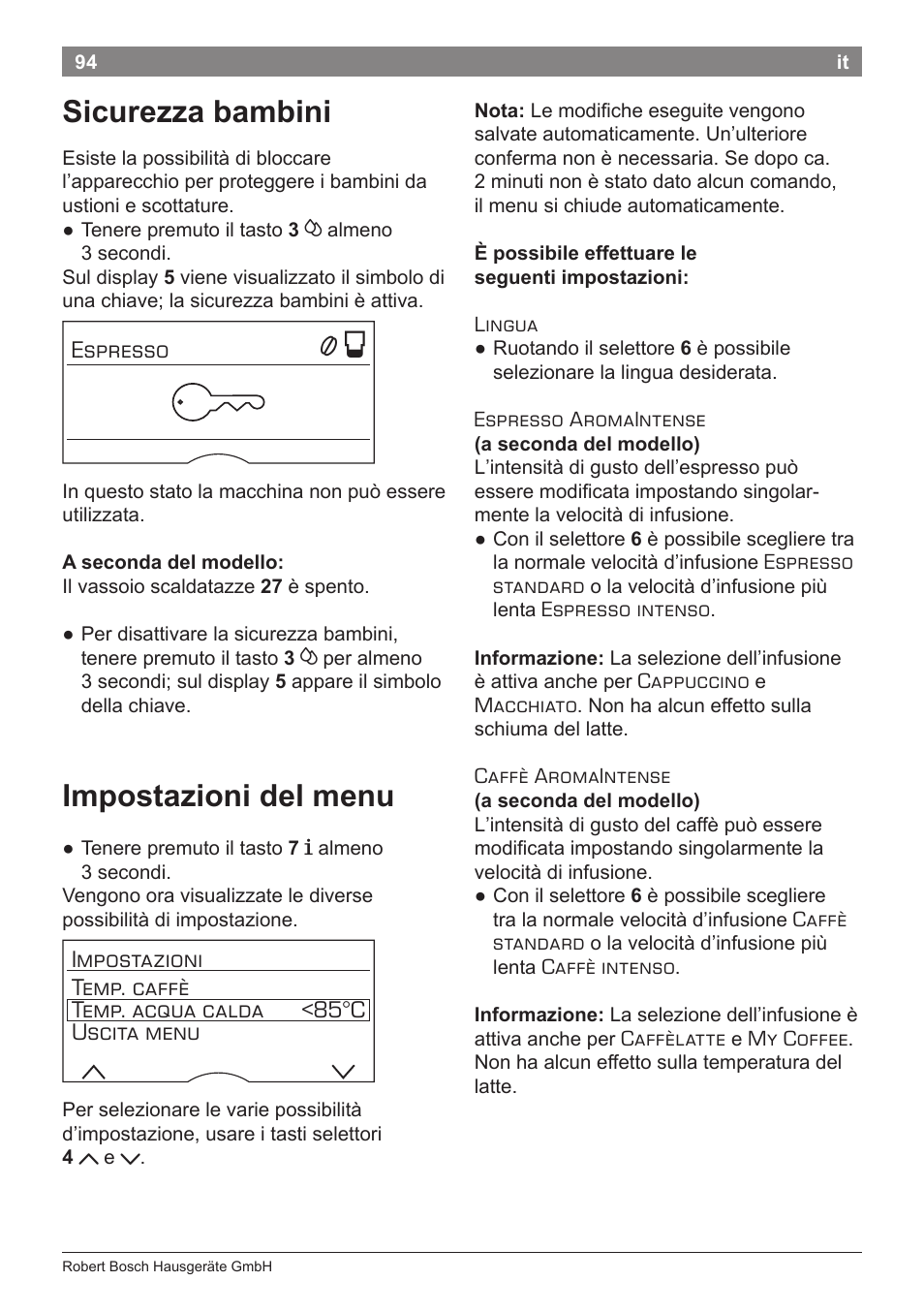 Sicurezza bambini, Impostazioni del menu | Bosch TES80359DE VeroSelection 300 Kaffeevollautomat Front Edelstahl Gehäuse hochglanz anthrazit User Manual | Page 98 / 120