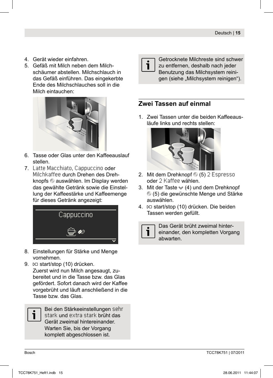 Cappuccino | Bosch TCC78K751 Edelstahl Kaffeevollautomat User Manual | Page 13 / 90