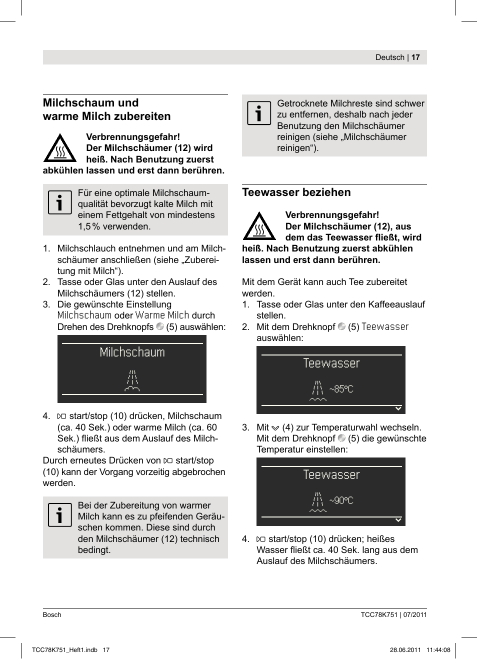 Teewasser, Milchschaum | Bosch TCC78K751 Edelstahl Kaffeevollautomat User Manual | Page 15 / 90