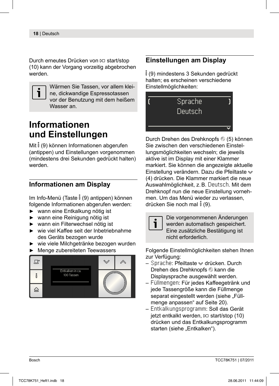 Informationen und einstellungen, Sprache, Deutsch | Bosch TCC78K751 Edelstahl Kaffeevollautomat User Manual | Page 16 / 90