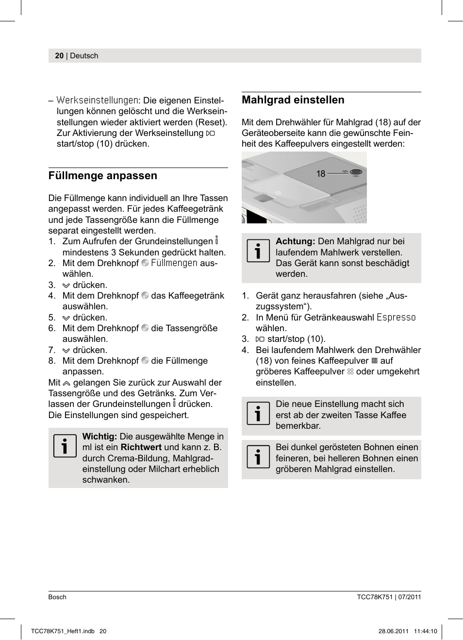 Bosch TCC78K751 Edelstahl Kaffeevollautomat User Manual | Page 18 / 90