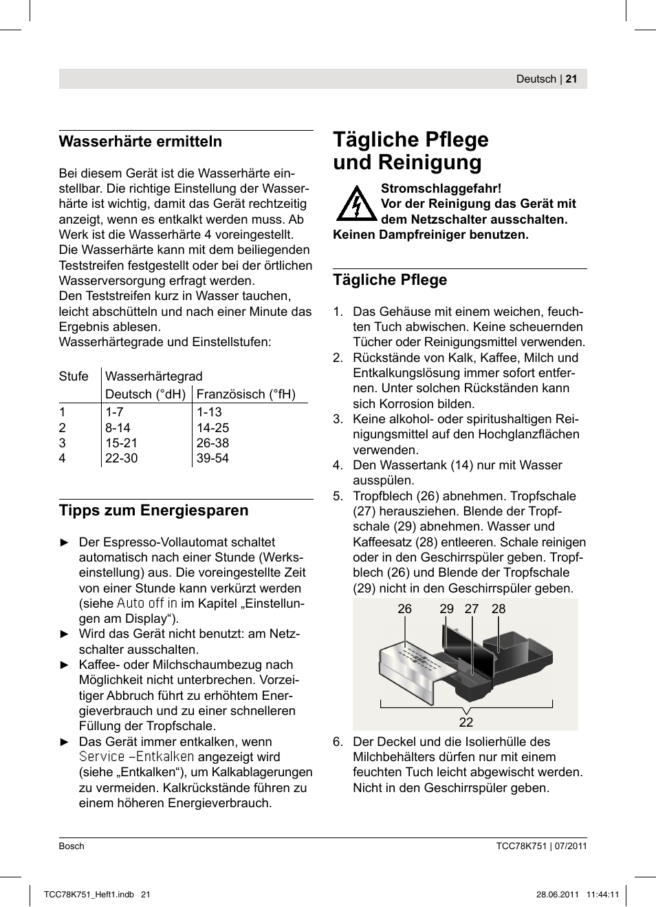 Tägliche pl ege und reinigung, Wasserhärte ermitteln, Tipps zum energiesparen | Tägliche pl ege | Bosch TCC78K751 Edelstahl Kaffeevollautomat User Manual | Page 19 / 90